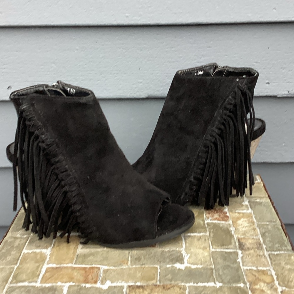 Coconuts Open Toe Black Fringe Ankle Boots 7.5